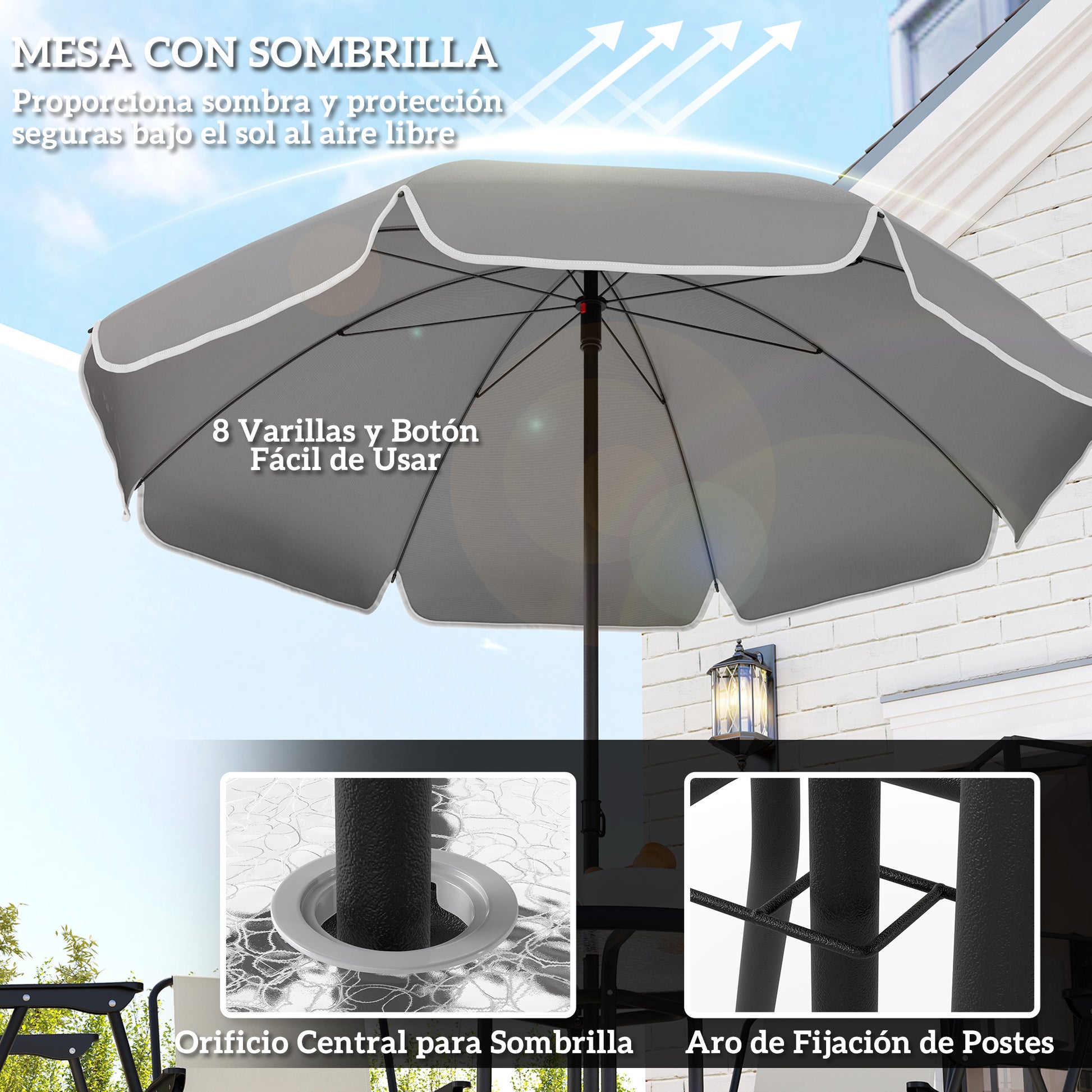 6-Piece Garden Table and Chairs Set Outdoor Furniture with 4 Folding Chairs Glass Table and Umbrella for Patio Cream