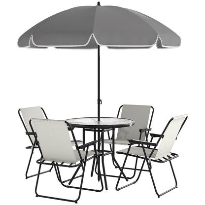 6-Piece Garden Table and Chairs Set Outdoor Furniture with 4 Folding Chairs Glass Table and Umbrella for Patio Cream