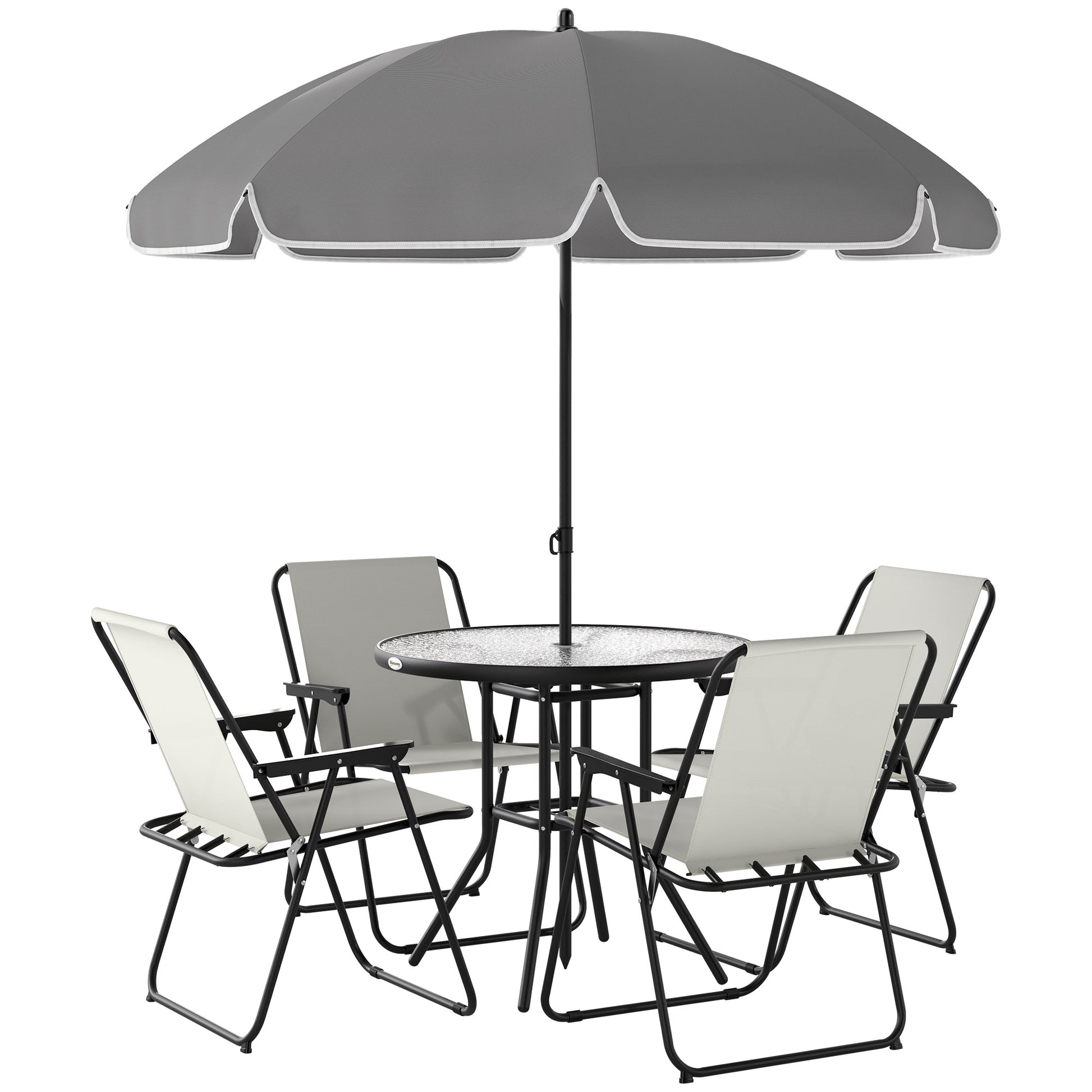 6-Piece Garden Table and Chairs Set Outdoor Furniture with 4 Folding Chairs Glass Table and Umbrella for Patio Cream