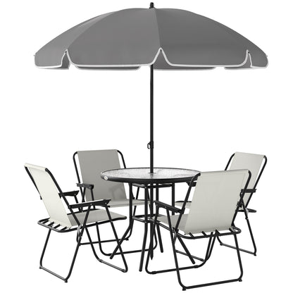 6-Piece Garden Table and Chairs Set Outdoor Furniture with 4 Folding Chairs Glass Table and Umbrella for Patio Cream