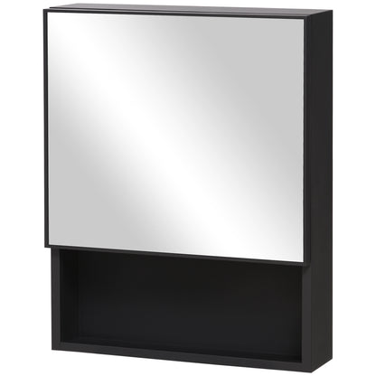 Bathroom Mirror Cabinet, Bathroom Cabinet with Mirror Door, Bathroom Cabinet with 2 Interior Shelves and 1 Open Shelf, Wall-Mounted Cabinet, Black, 46 x 13.5 x 58 cm
