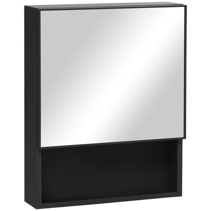 Bathroom Mirror Cabinet, Bathroom Cabinet with Mirror Door, Bathroom Cabinet with 2 Interior Shelves and 1 Open Shelf, Wall-Mounted Cabinet, Black, 46 x 13.5 x 58 cm