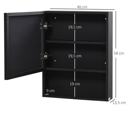 Bathroom Mirror Cabinet, Bathroom Cabinet with Mirror Door, Bathroom Cabinet with 2 Interior Shelves and 1 Open Shelf, Wall-Mounted Cabinet, Black, 46 x 13.5 x 58 cm