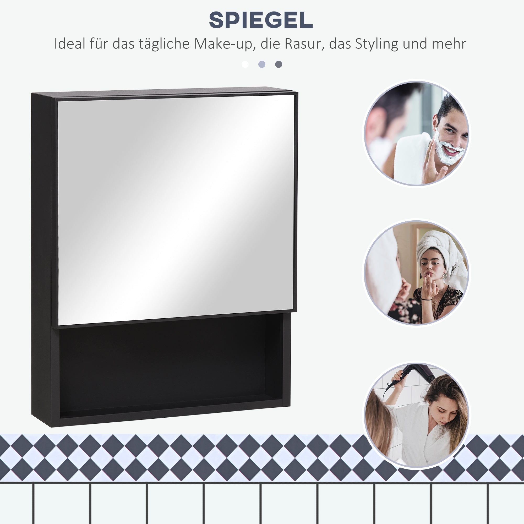 Bathroom Mirror Cabinet, Bathroom Cabinet with Mirror Door, Bathroom Cabinet with 2 Interior Shelves and 1 Open Shelf, Wall-Mounted Cabinet, Black, 46 x 13.5 x 58 cm