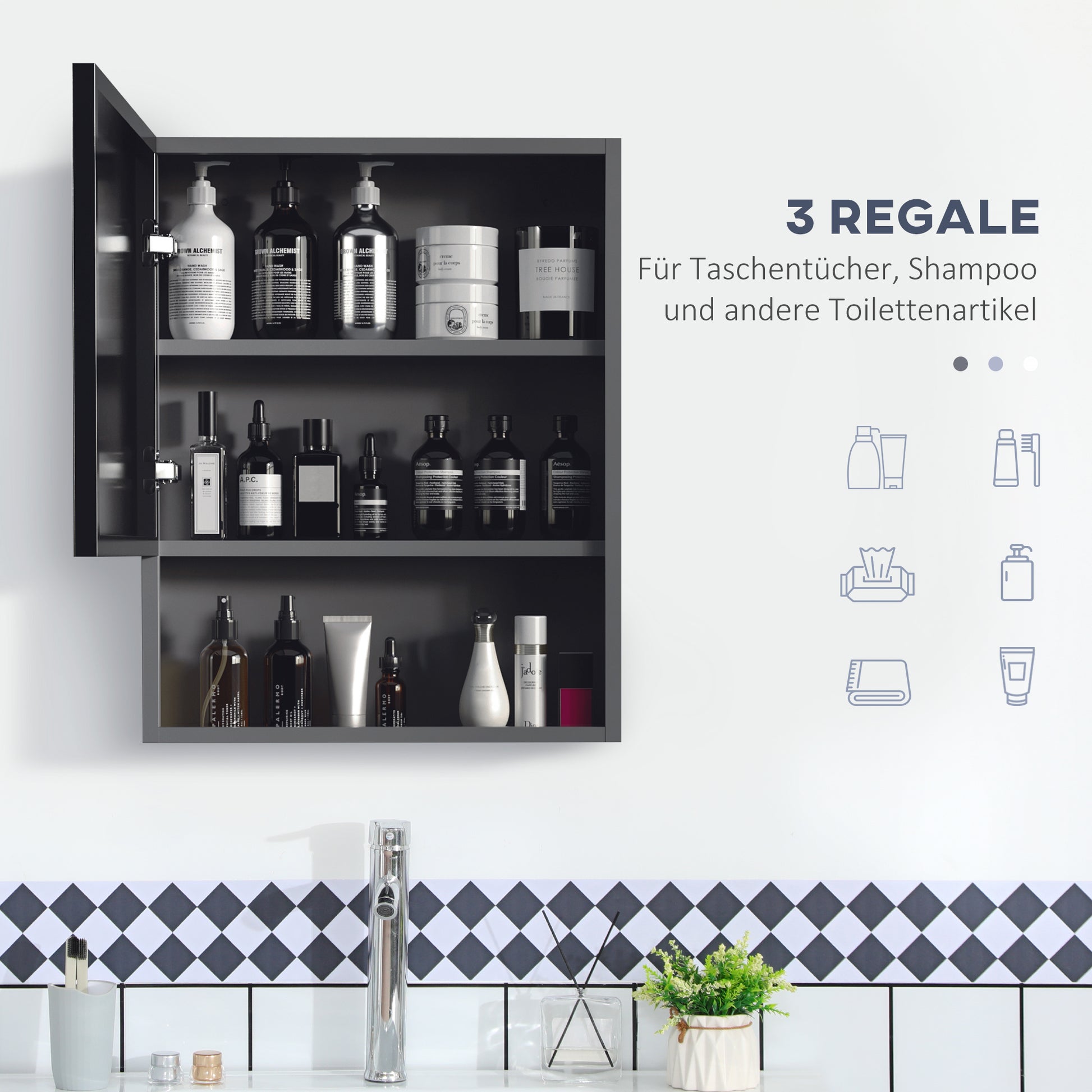 Bathroom Mirror Cabinet, Bathroom Cabinet with Mirror Door, Bathroom Cabinet with 2 Interior Shelves and 1 Open Shelf, Wall-Mounted Cabinet, Black, 46 x 13.5 x 58 cm