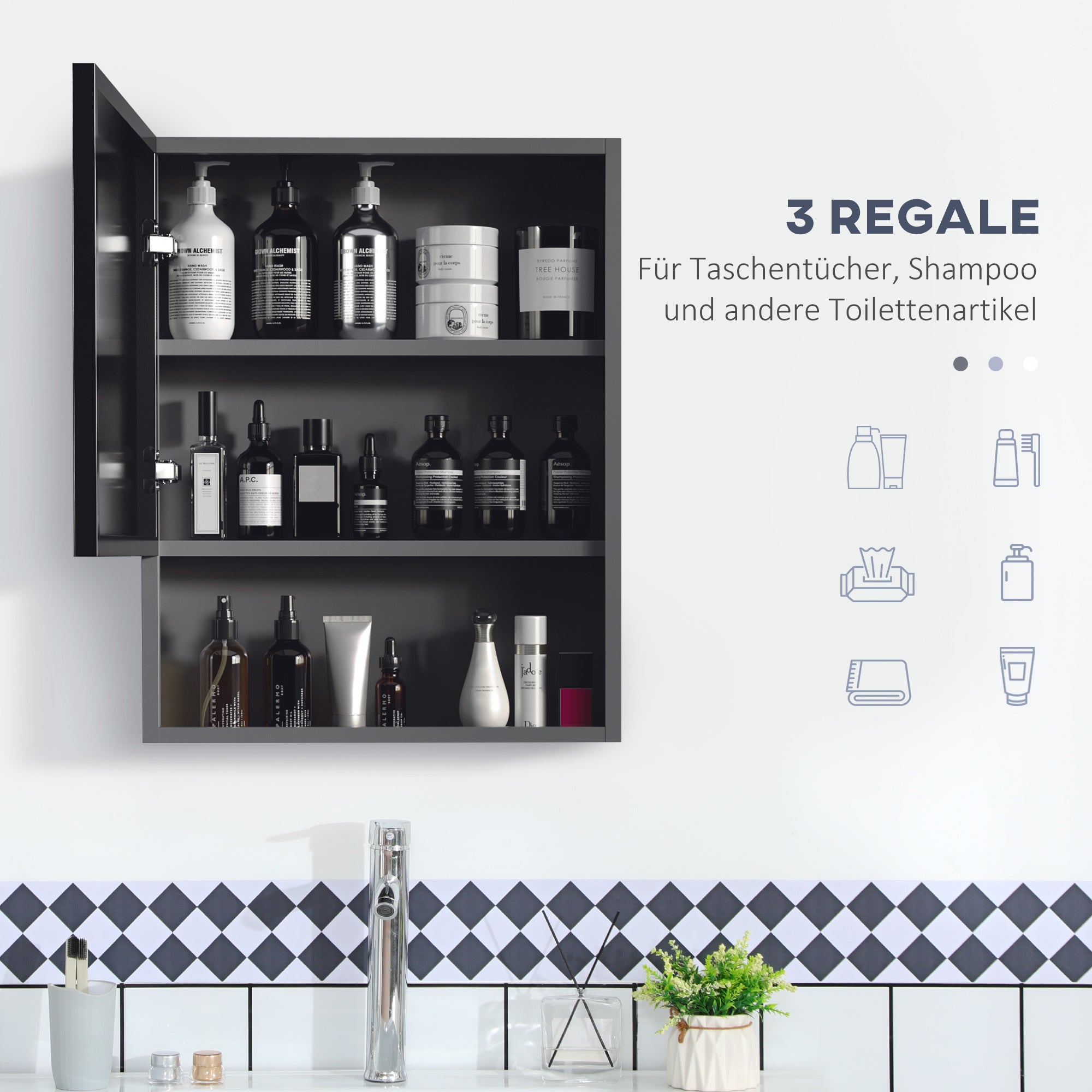 Bathroom Mirror Cabinet, Bathroom Cabinet with Mirror Door, Bathroom Cabinet with 2 Interior Shelves and 1 Open Shelf, Wall-Mounted Cabinet, Black, 46 x 13.5 x 58 cm