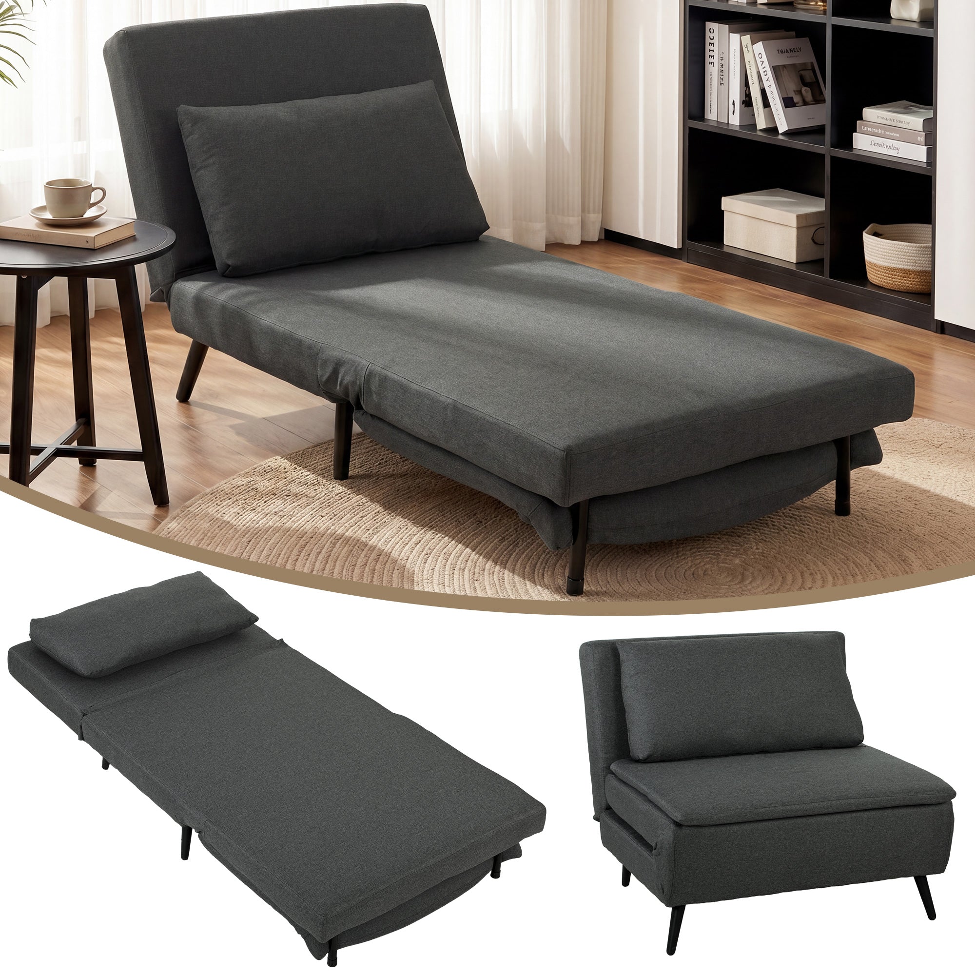3-in-1 Sleeper Chair with Bed Function, Foldable Recliner with Adjustable Backrest, Lumbar Pillow, Linen-Look Sofa Bed for Living Room or Bedroom, Dark Gray