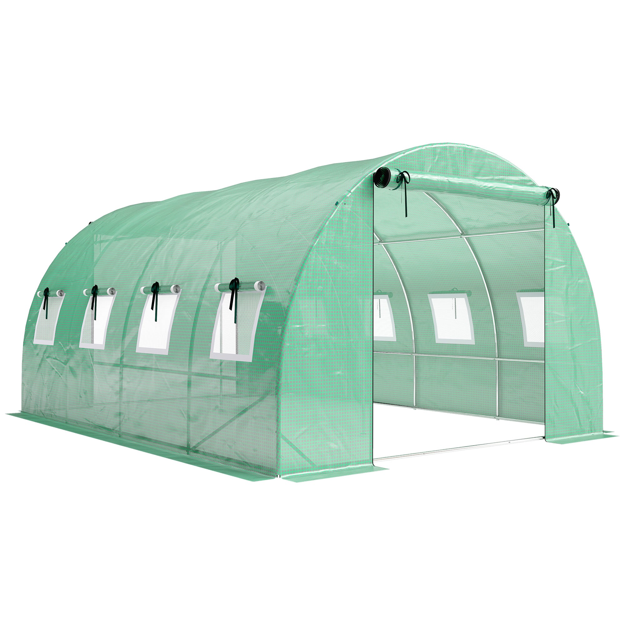 Tunnel Garden Greenhouse, approx. 129 sq ft (12 m²) — 295 × 400 × 200 cm (approx. 9 ft 8 in × 13 ft 1 in × 6 ft 7 in), Galvanized Steel Frame, 2 Roll-Up Doors & 8 Mesh Windows, High-Density 140 gsm PE Cover — Green