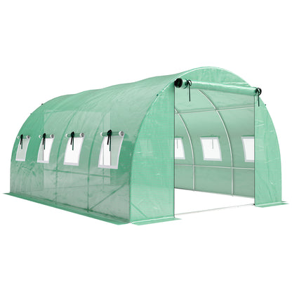 Tunnel Garden Greenhouse, approx. 129 sq ft (12 m²) — 295 × 400 × 200 cm (approx. 9 ft 8 in × 13 ft 1 in × 6 ft 7 in), Galvanized Steel Frame, 2 Roll-Up Doors & 8 Mesh Windows, High-Density 140 gsm PE Cover — Green