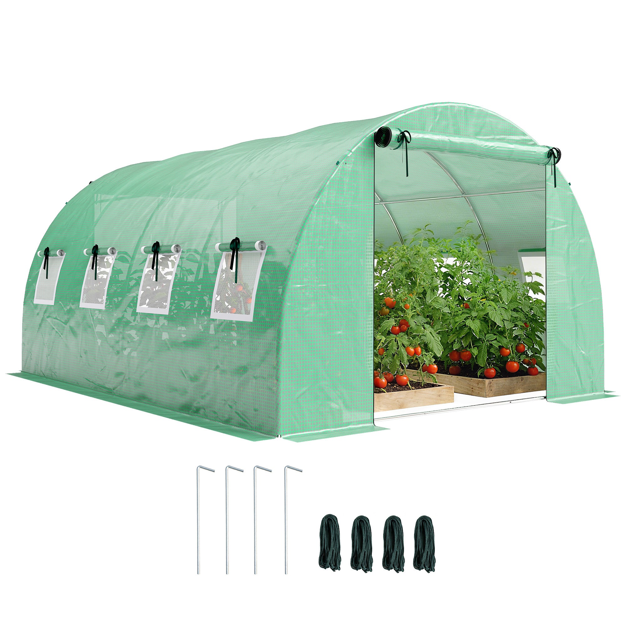 Tunnel Garden Greenhouse, approx. 129 sq ft (12 m²) — 295 × 400 × 200 cm (approx. 9 ft 8 in × 13 ft 1 in × 6 ft 7 in), Galvanized Steel Frame, 2 Roll-Up Doors & 8 Mesh Windows, High-Density 140 gsm PE Cover — Green