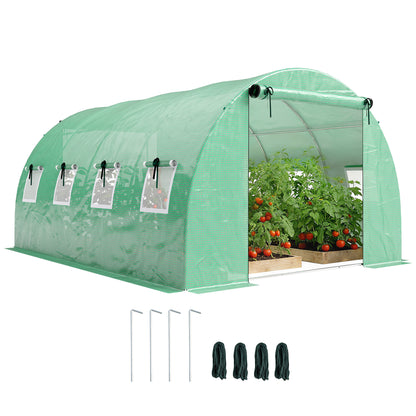 Tunnel Garden Greenhouse, approx. 129 sq ft (12 m²) — 295 × 400 × 200 cm (approx. 9 ft 8 in × 13 ft 1 in × 6 ft 7 in), Galvanized Steel Frame, 2 Roll-Up Doors & 8 Mesh Windows, High-Density 140 gsm PE Cover — Green