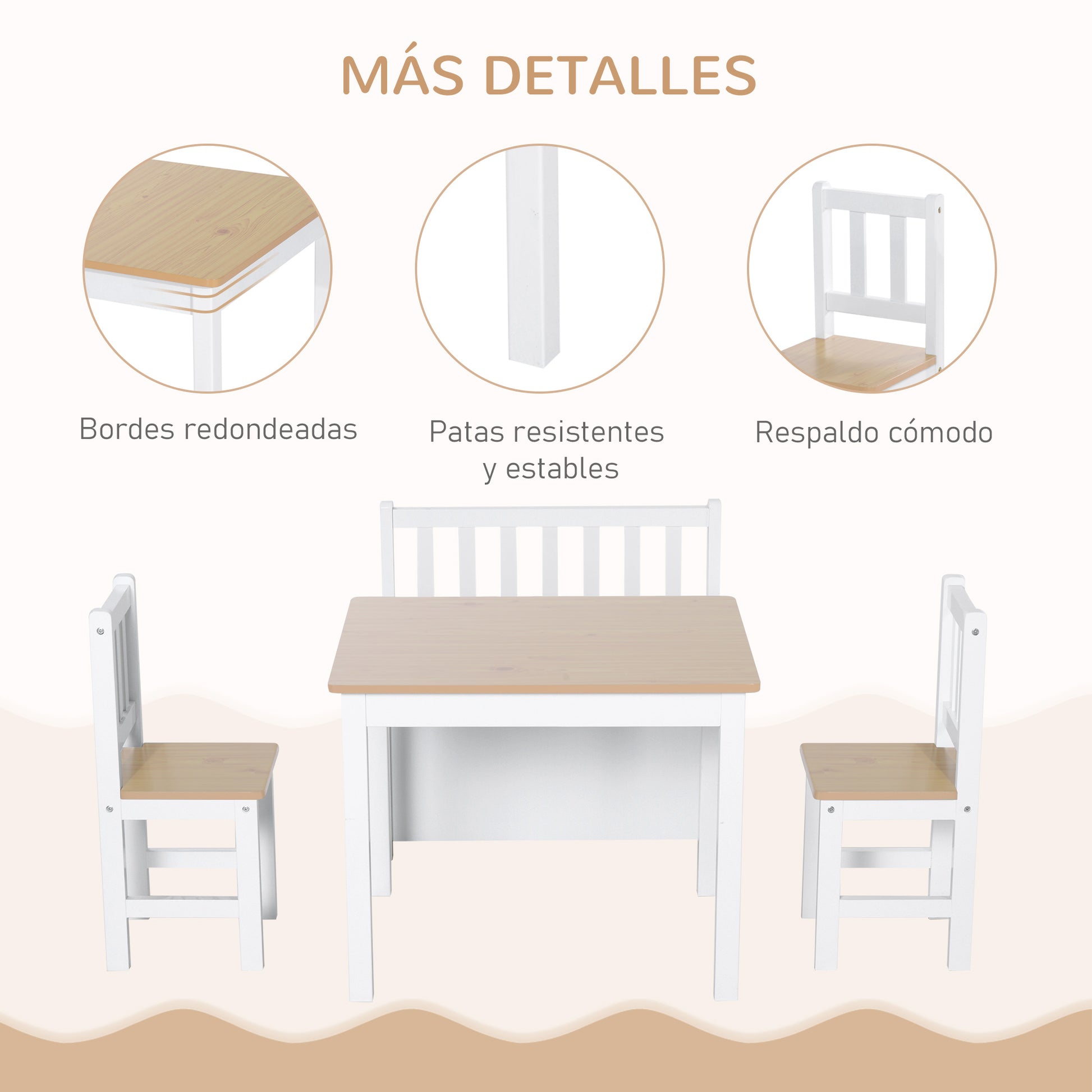 Kids Table and Chairs 4-Piece Set Children's Table with 2 Chairs and Storage Bench Furniture Set for Kids Activities 3+ Years for Bedroom Playroom White and Natural