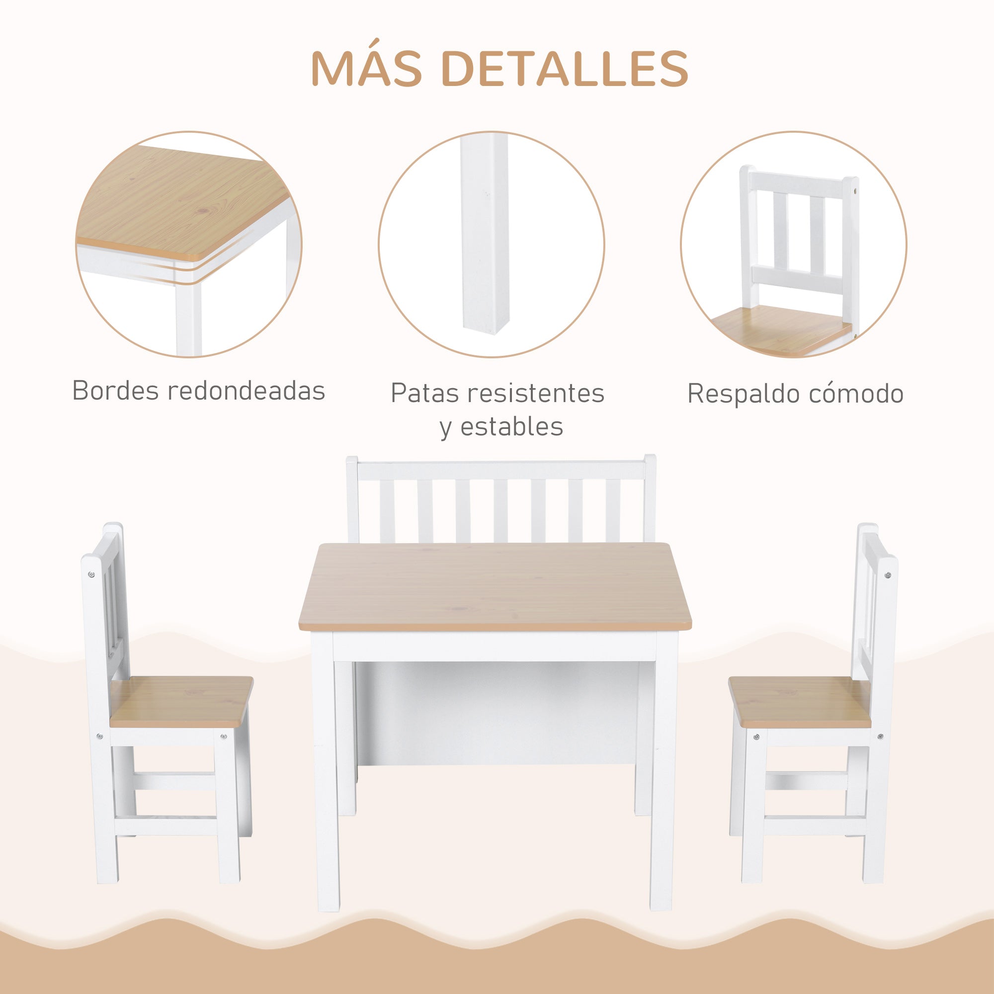 Kids Table and Chairs 4-Piece Set Children's Table with 2 Chairs and Storage Bench Furniture Set for Kids Activities 3+ Years for Bedroom Playroom White and Natural