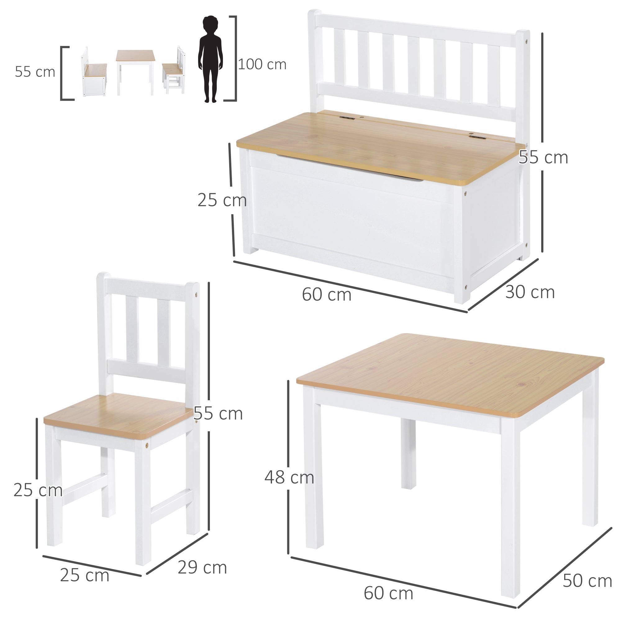 Kids Table and Chairs 4-Piece Set Children's Table with 2 Chairs and Storage Bench Furniture Set for Kids Activities 3+ Years for Bedroom Playroom White and Natural