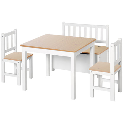 Kids Table and Chairs 4-Piece Set Children's Table with 2 Chairs and Storage Bench Furniture Set for Kids Activities 3+ Years for Bedroom Playroom White and Natural