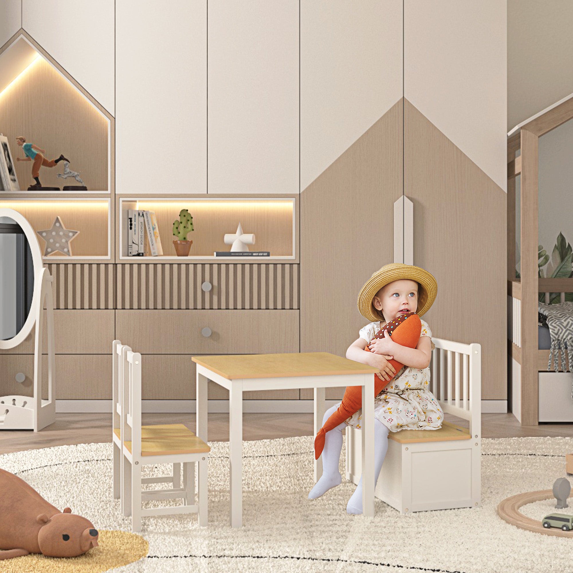 Kids Table and Chairs 4-Piece Set Children's Table with 2 Chairs and Storage Bench Furniture Set for Kids Activities 3+ Years for Bedroom Playroom White and Natural