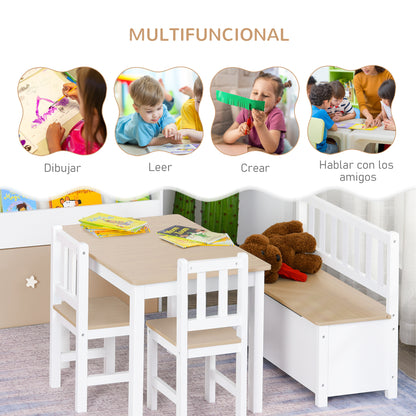 Kids Table and Chairs 4-Piece Set Children's Table with 2 Chairs and Storage Bench Furniture Set for Kids Activities 3+ Years for Bedroom Playroom White and Natural