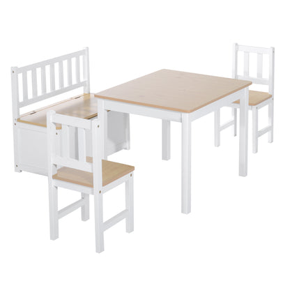Kids Table and Chairs 4-Piece Set Children's Table with 2 Chairs and Storage Bench Furniture Set for Kids Activities 3+ Years for Bedroom Playroom White and Natural