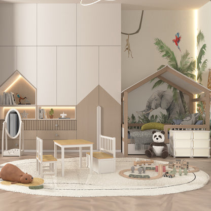 Kids Table and Chairs 4-Piece Set Children's Table with 2 Chairs and Storage Bench Furniture Set for Kids Activities 3+ Years for Bedroom Playroom White and Natural