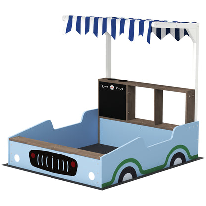 Sandpit with Cover 90 x 120 cm Made of Solid Wood Impregnated Children's Sandbox with Benches Chalkboard, Planters, Mud Kitchen, Sandpit for Outdoor Balcony Garden