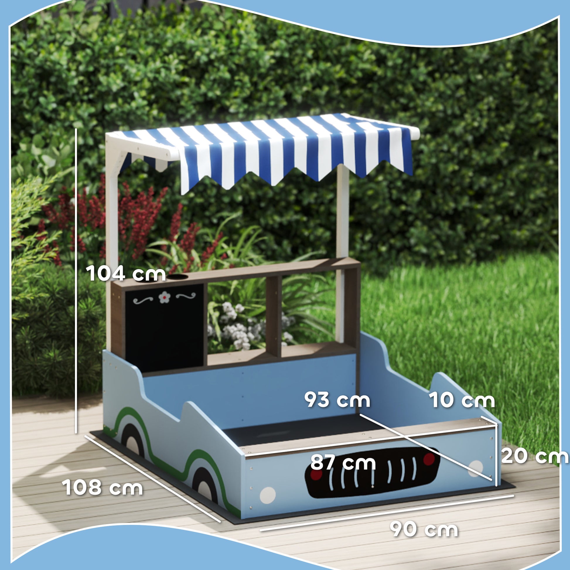 Sandpit with Cover 90 x 120 cm Made of Solid Wood Impregnated Children's Sandbox with Benches Chalkboard, Planters, Mud Kitchen, Sandpit for Outdoor Balcony Garden