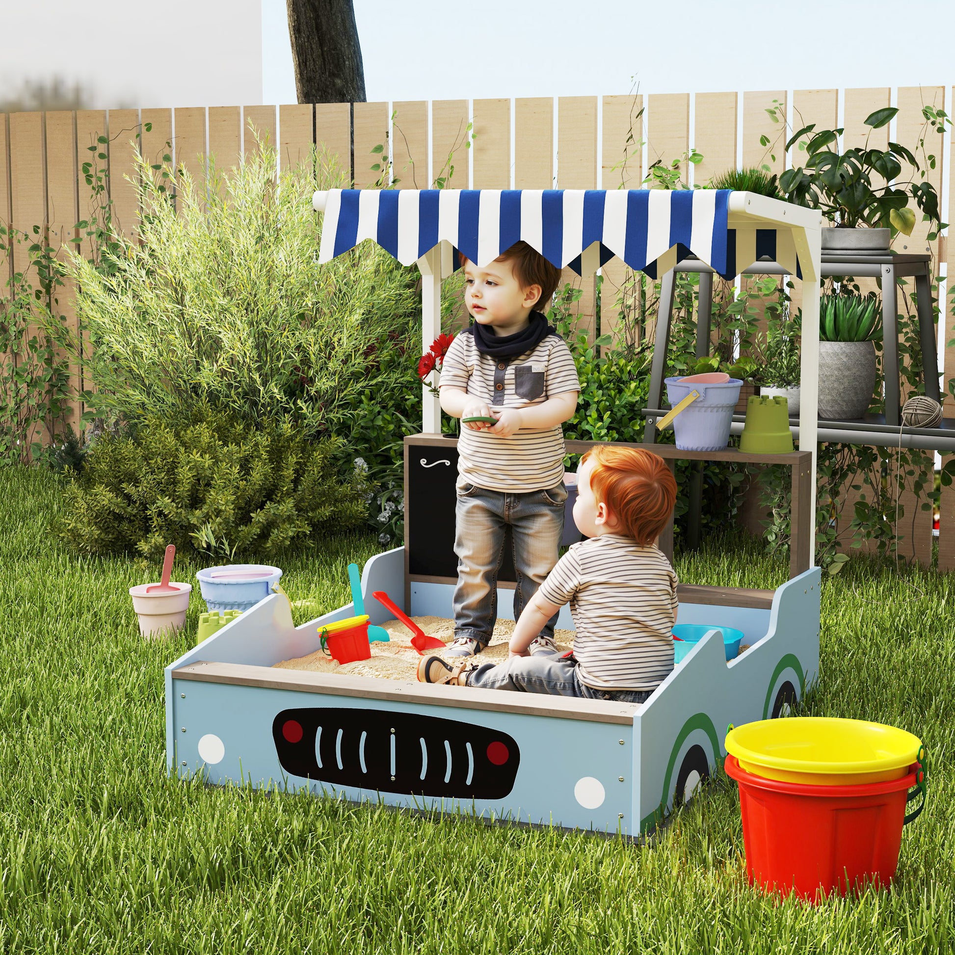 Sandpit with Cover 90 x 120 cm Made of Solid Wood Impregnated Children's Sandbox with Benches Chalkboard, Planters, Mud Kitchen, Sandpit for Outdoor Balcony Garden