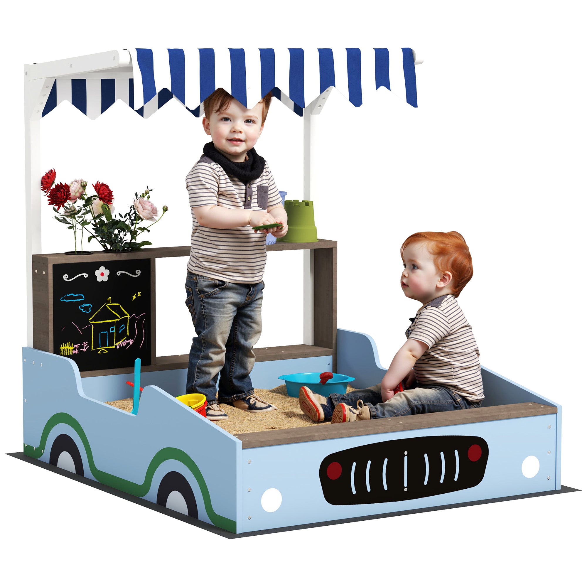 Sandpit with Cover 90 x 120 cm Made of Solid Wood Impregnated Children's Sandbox with Benches Chalkboard, Planters, Mud Kitchen, Sandpit for Outdoor Balcony Garden