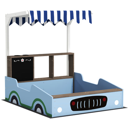 Sandpit with Cover 90 x 120 cm Made of Solid Wood Impregnated Children's Sandbox with Benches Chalkboard, Planters, Mud Kitchen, Sandpit for Outdoor Balcony Garden