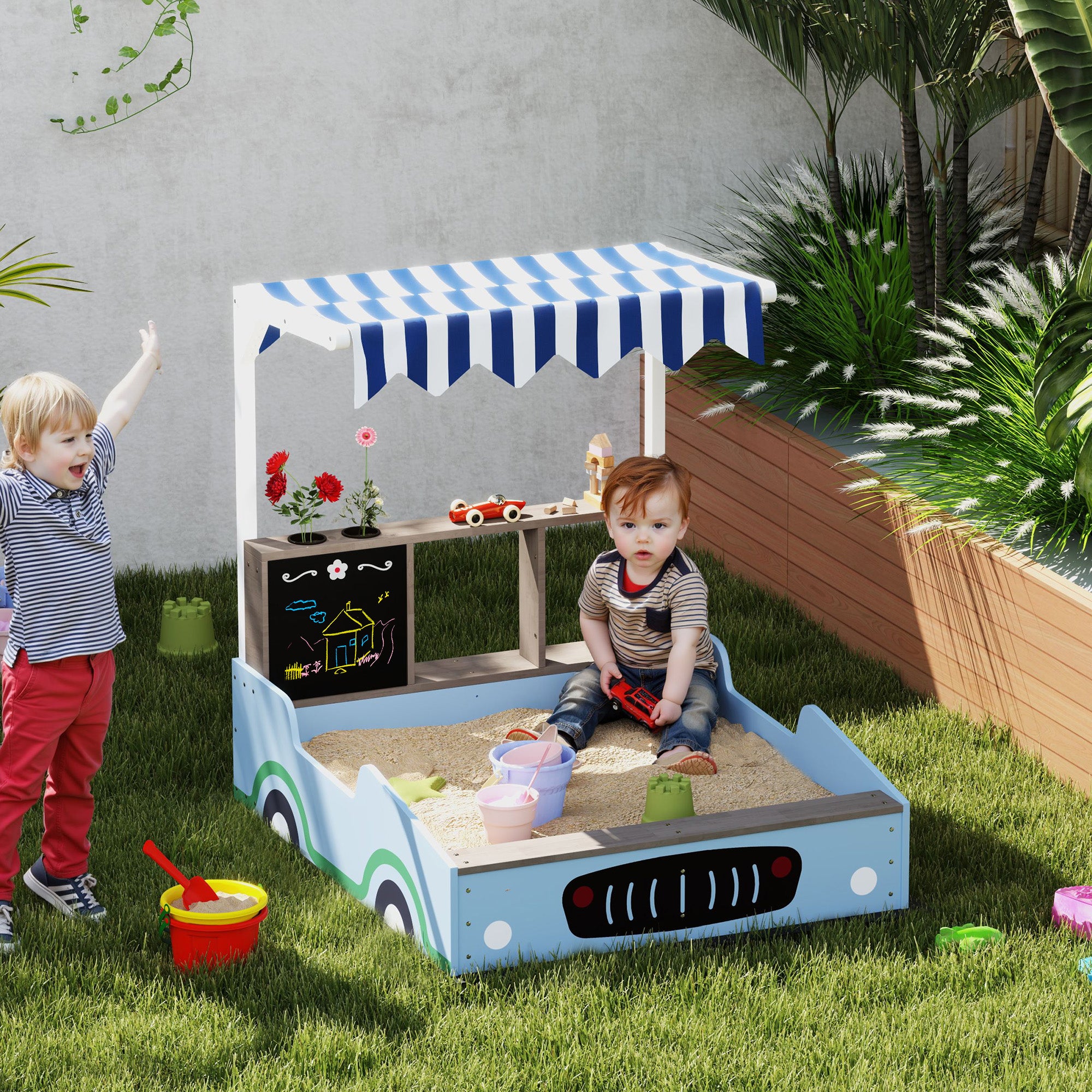Sandpit with Cover 90 x 120 cm Made of Solid Wood Impregnated Children's Sandbox with Benches Chalkboard, Planters, Mud Kitchen, Sandpit for Outdoor Balcony Garden