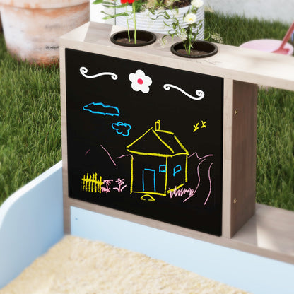 Sandpit with Cover 90 x 120 cm Made of Solid Wood Impregnated Children's Sandbox with Benches Chalkboard, Planters, Mud Kitchen, Sandpit for Outdoor Balcony Garden