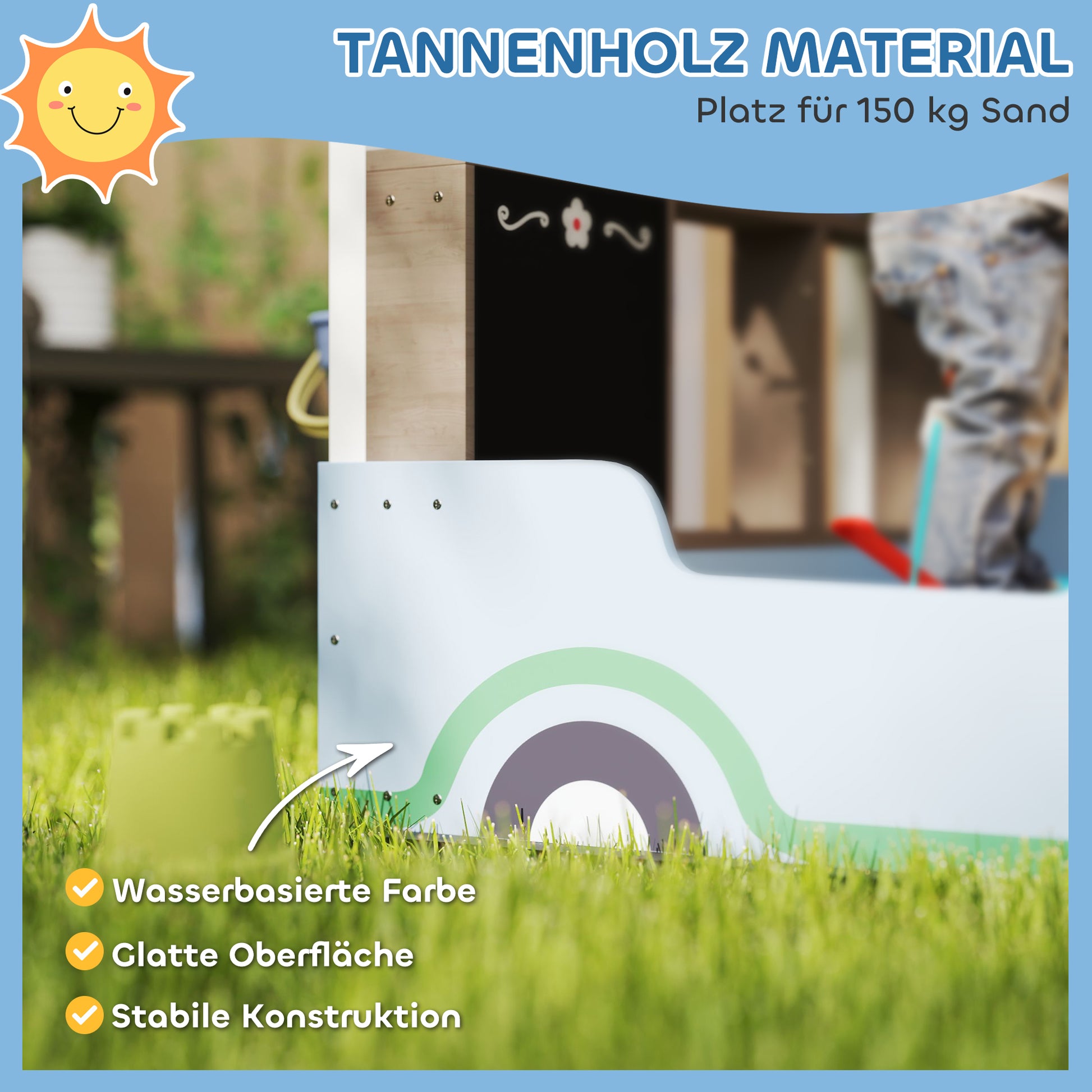 Sandpit with Cover 90 x 120 cm Made of Solid Wood Impregnated Children's Sandbox with Benches Chalkboard, Planters, Mud Kitchen, Sandpit for Outdoor Balcony Garden