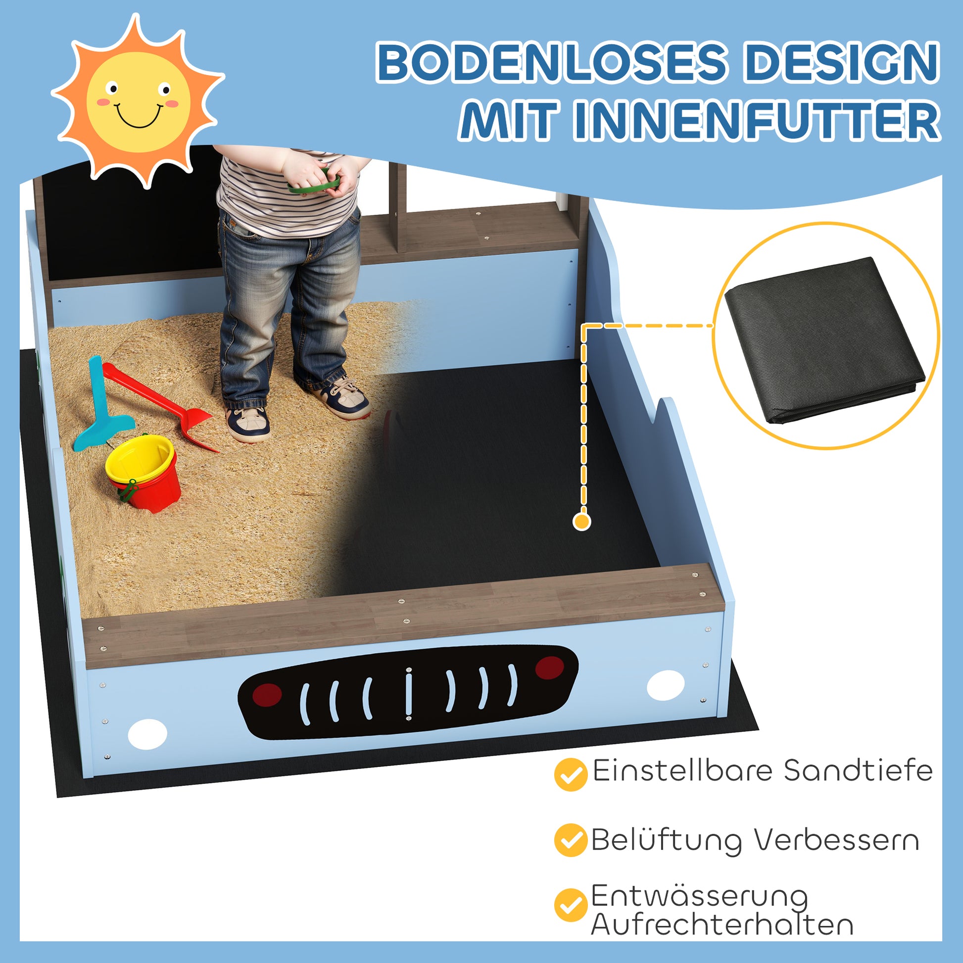 Sandpit with Cover 90 x 120 cm Made of Solid Wood Impregnated Children's Sandbox with Benches Chalkboard, Planters, Mud Kitchen, Sandpit for Outdoor Balcony Garden