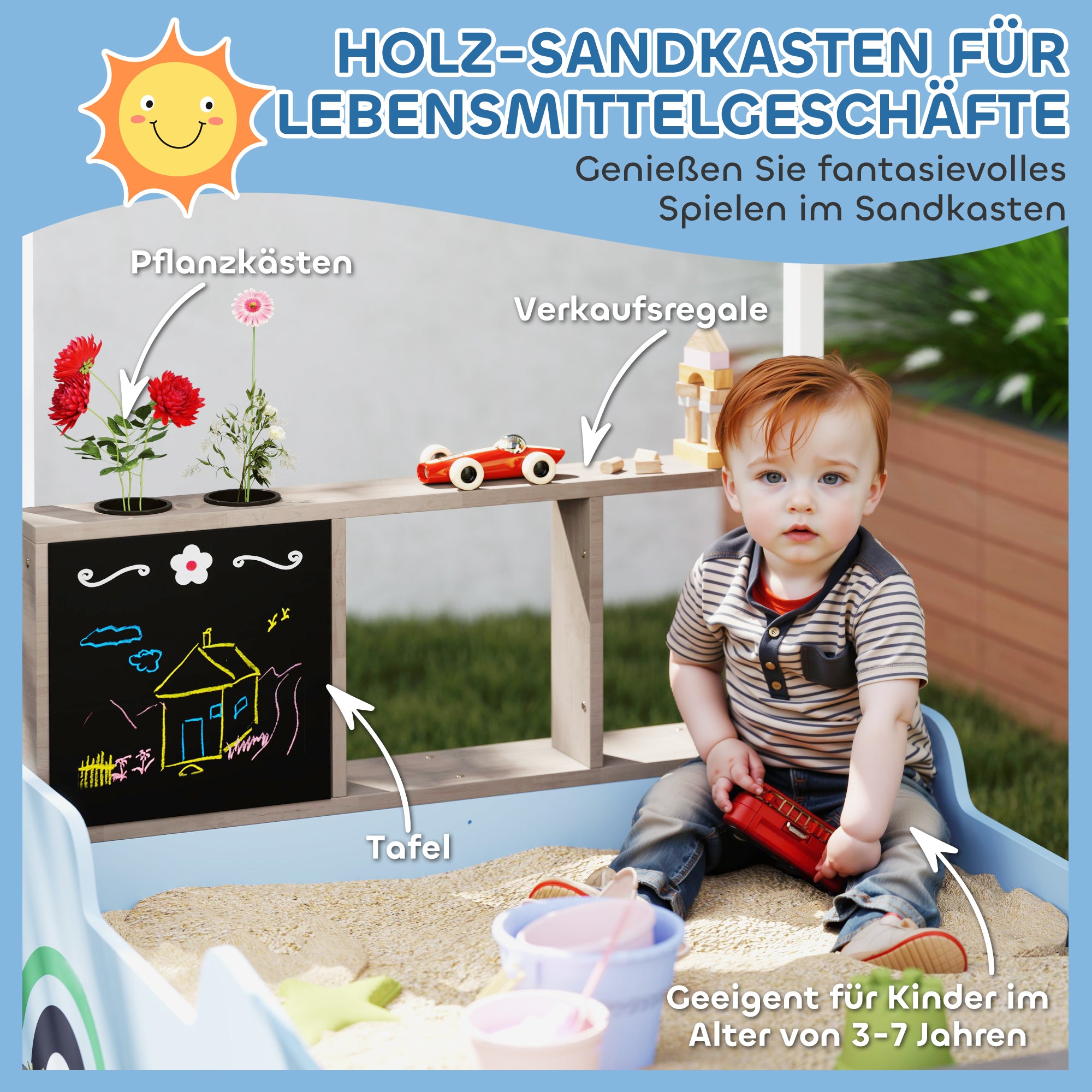 Sandpit with Cover 90 x 120 cm Made of Solid Wood Impregnated Children's Sandbox with Benches Chalkboard, Planters, Mud Kitchen, Sandpit for Outdoor Balcony Garden