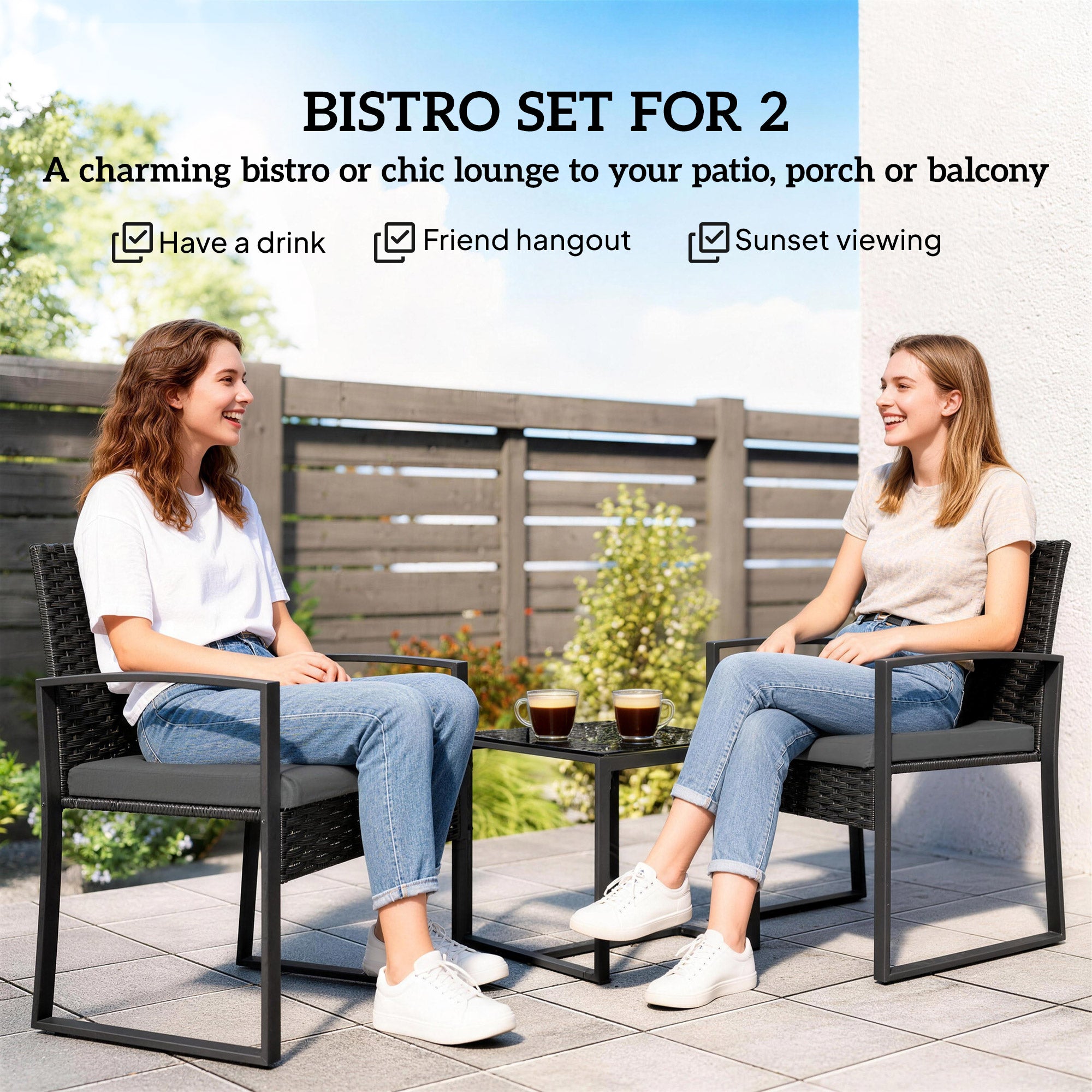 3-Piece Rattan Bistro Set — 2 Patio Chairs & Coffee Table with Removable Cushions, Dark Gray
