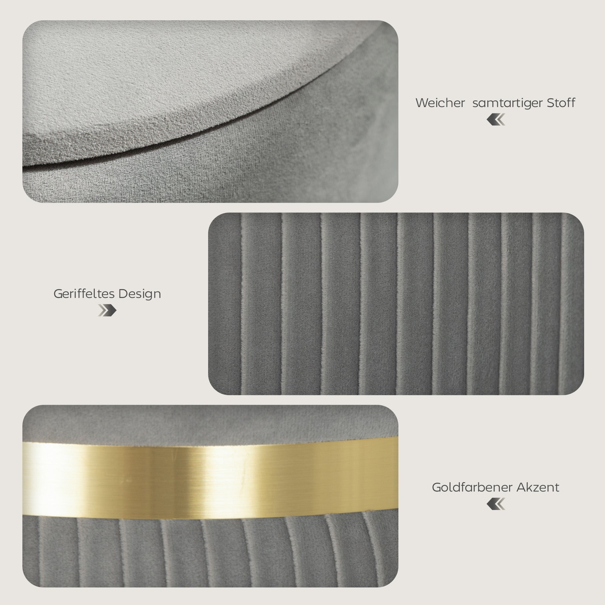Round Velvet Storage Ottoman with Removable Lid — 14 x 14 x 17 in, Light Gray