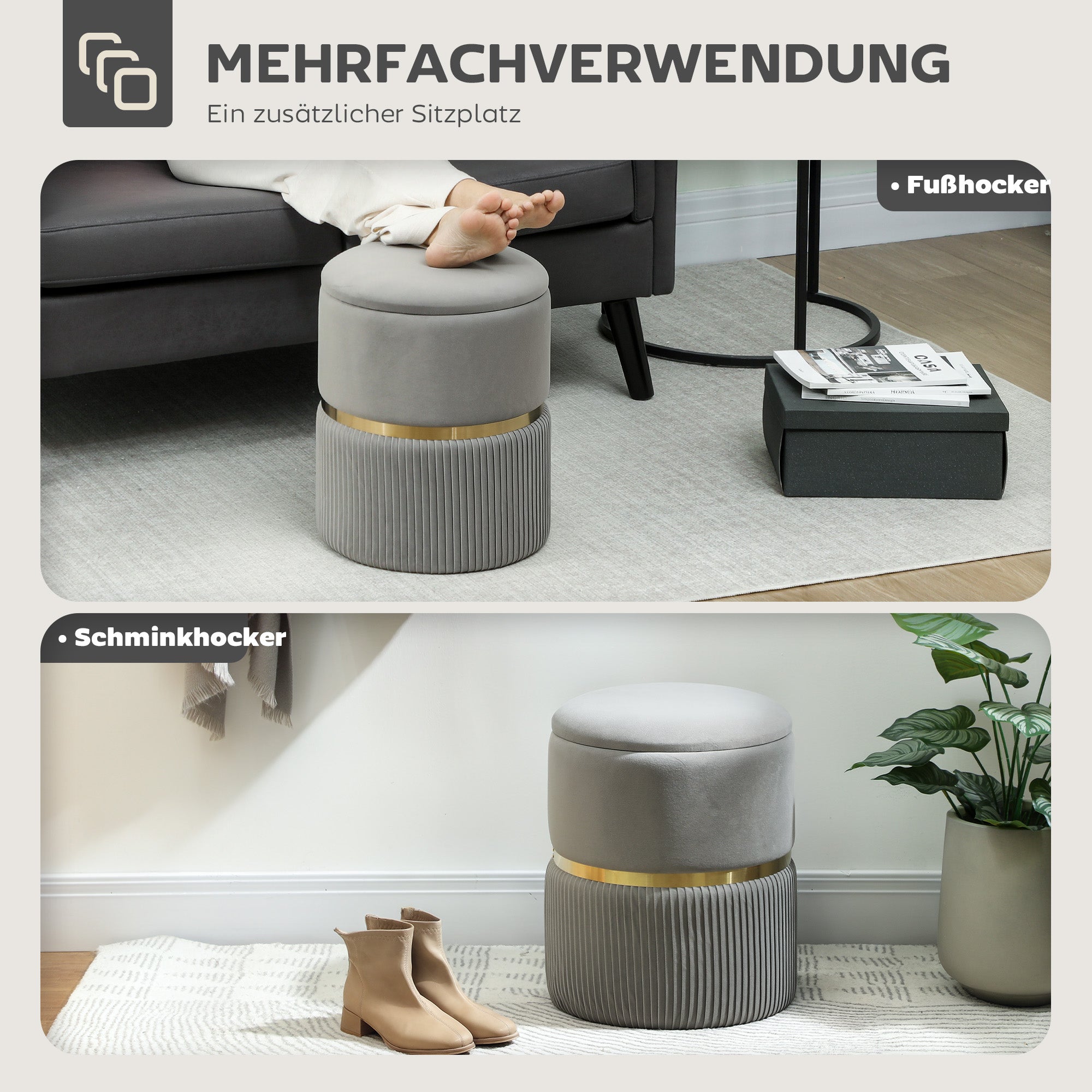 Round Velvet Storage Ottoman with Removable Lid — 14 x 14 x 17 in, Light Gray
