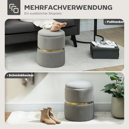 Round Velvet Storage Ottoman with Removable Lid — 14 x 14 x 17 in, Light Gray