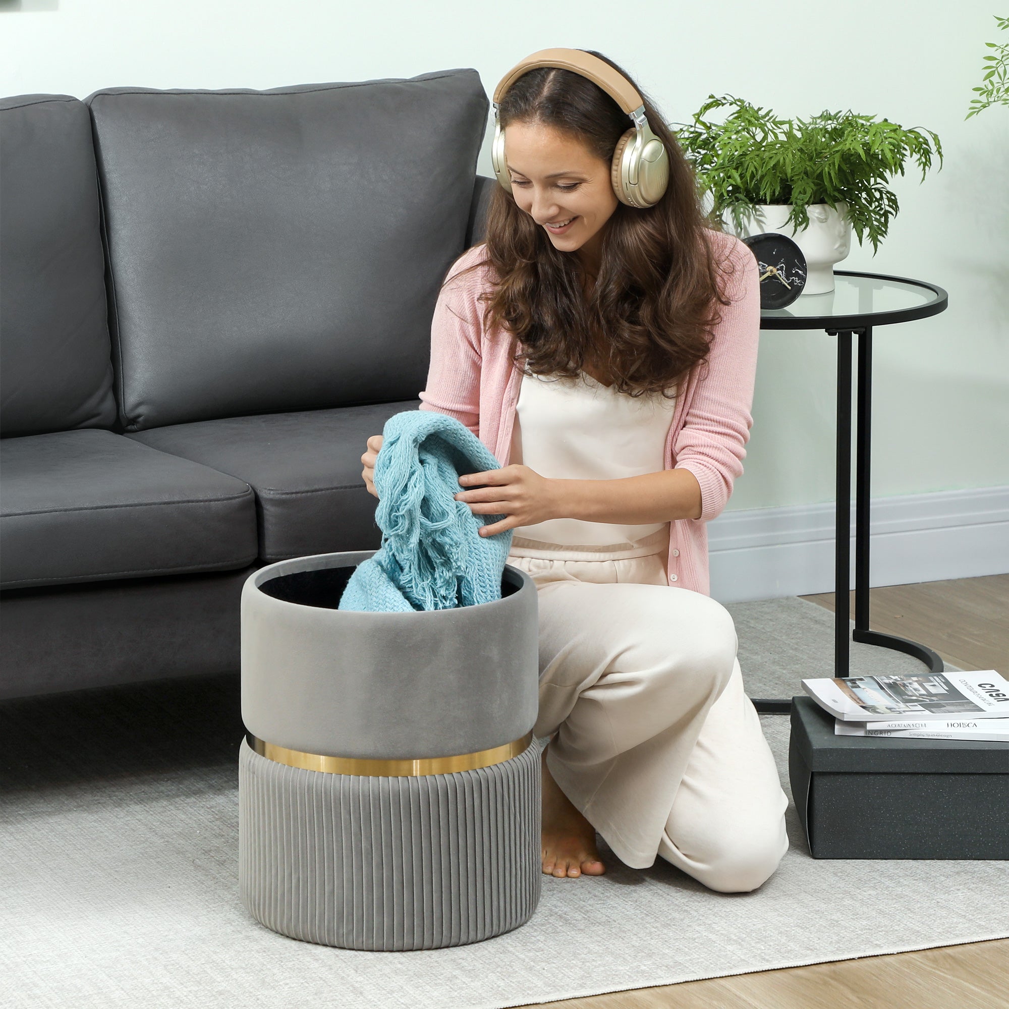 Round Velvet Storage Ottoman with Removable Lid — 14 x 14 x 17 in, Light Gray