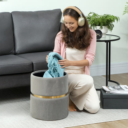 Round Velvet Storage Ottoman with Removable Lid — 14 x 14 x 17 in, Light Gray