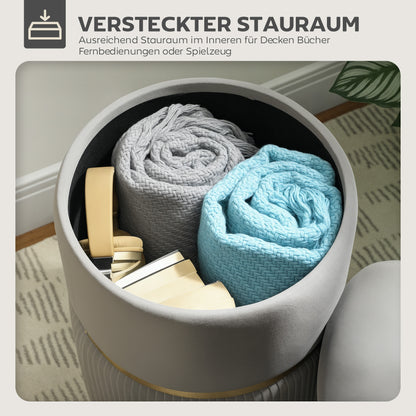 Round Velvet Storage Ottoman with Removable Lid — 14 x 14 x 17 in, Light Gray