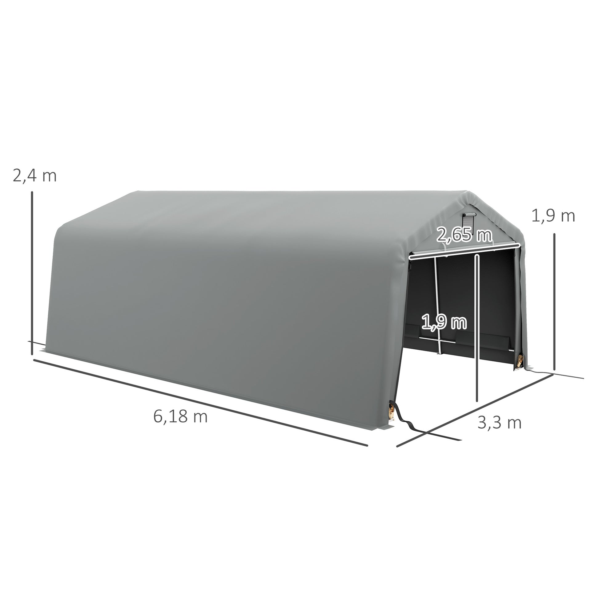Garage Carport Tent 6.2L x 3.3W x 2.4H m Sturdy Galvanized Steel High-Density PE 150 g/m² Waterproof Anti-UV, Light Gray 1 Door and 2 Vents