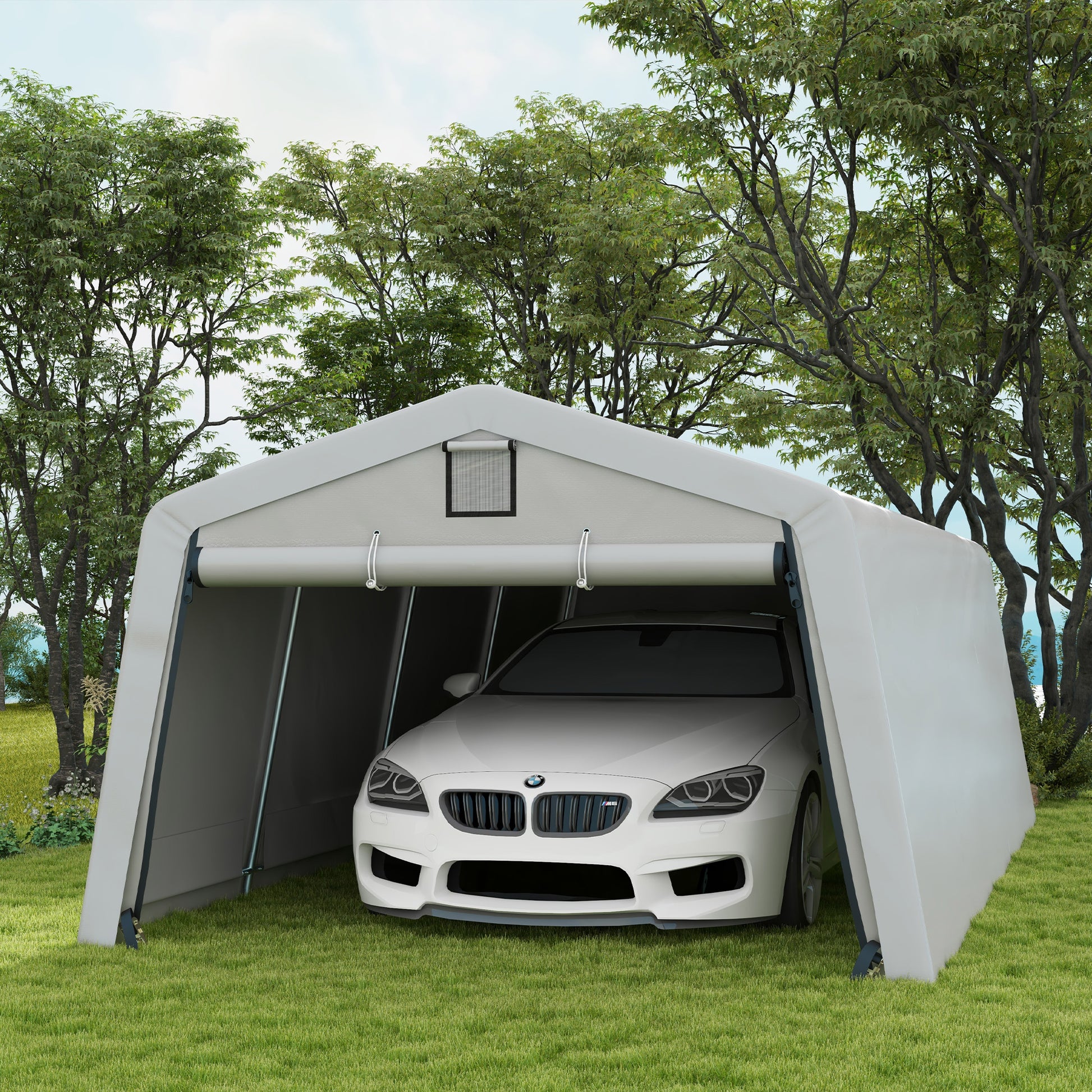 Garage Carport Tent 6.2L x 3.3W x 2.4H m Sturdy Galvanized Steel High-Density PE 150 g/m² Waterproof Anti-UV, Light Gray 1 Door and 2 Vents