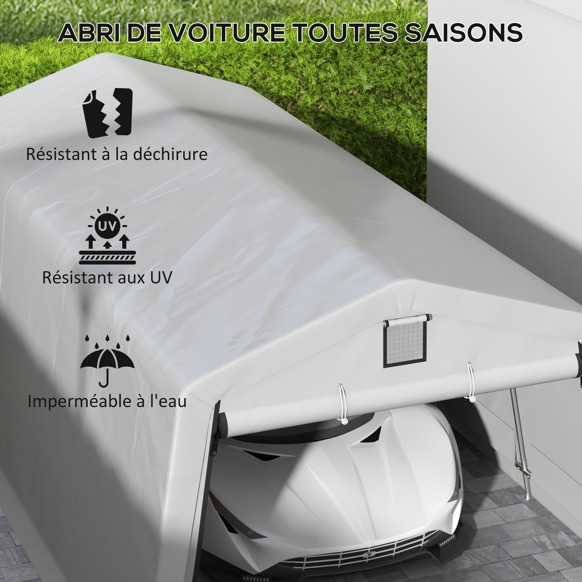 Garage Carport Tent 6.2L x 3.3W x 2.4H m Sturdy Galvanized Steel High-Density PE 150 g/m² Waterproof Anti-UV, Light Gray 1 Door and 2 Vents