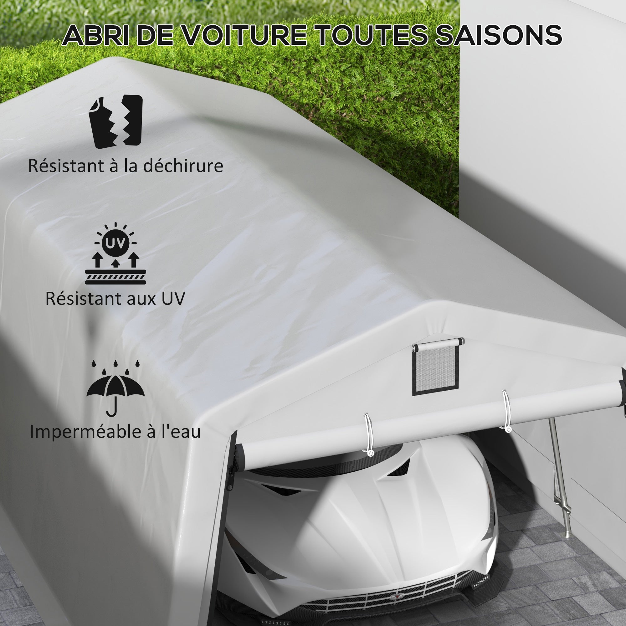 Garage Carport Tent 6.2L x 3.3W x 2.4H m Sturdy Galvanized Steel High-Density PE 150 g/m² Waterproof Anti-UV, Light Gray 1 Door and 2 Vents