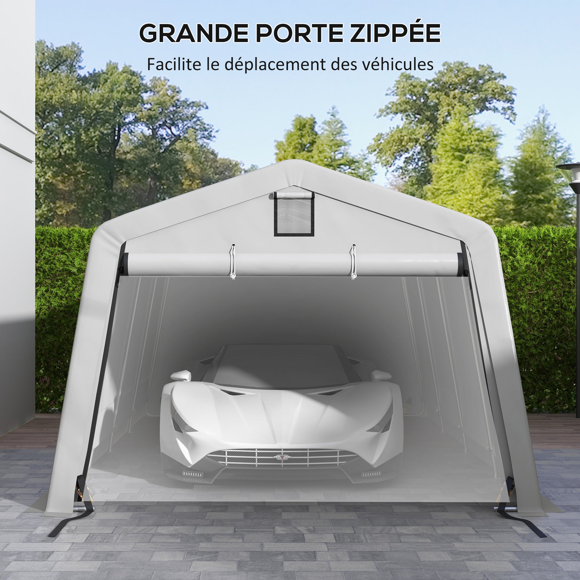 Garage Carport Tent 6.2L x 3.3W x 2.4H m Sturdy Galvanized Steel High-Density PE 150 g/m² Waterproof Anti-UV, Light Gray 1 Door and 2 Vents