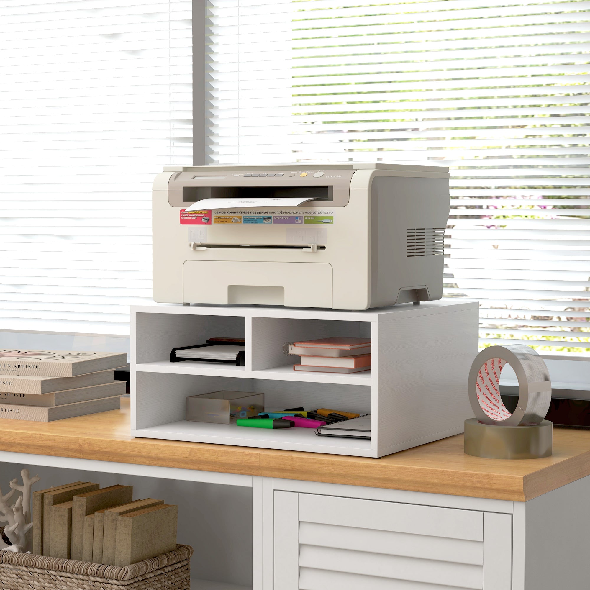 White Desk Organizer with 3 Compartments Printer Stand 47 x 40 x 22.5 cm