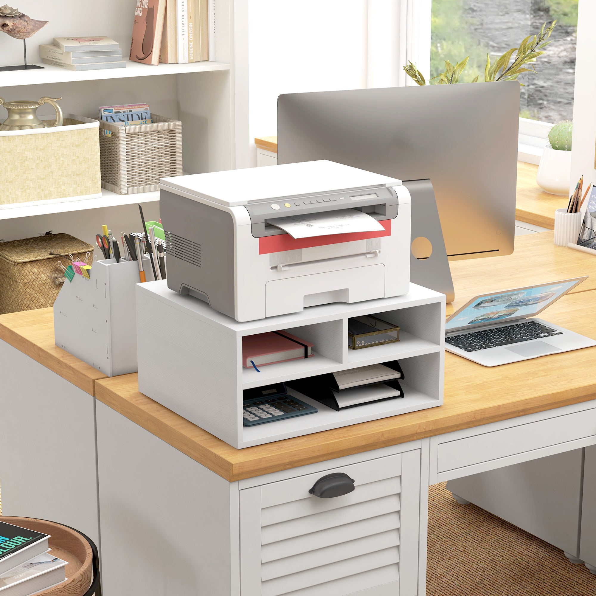 White Desk Organizer with 3 Compartments Printer Stand 47 x 40 x 22.5 cm