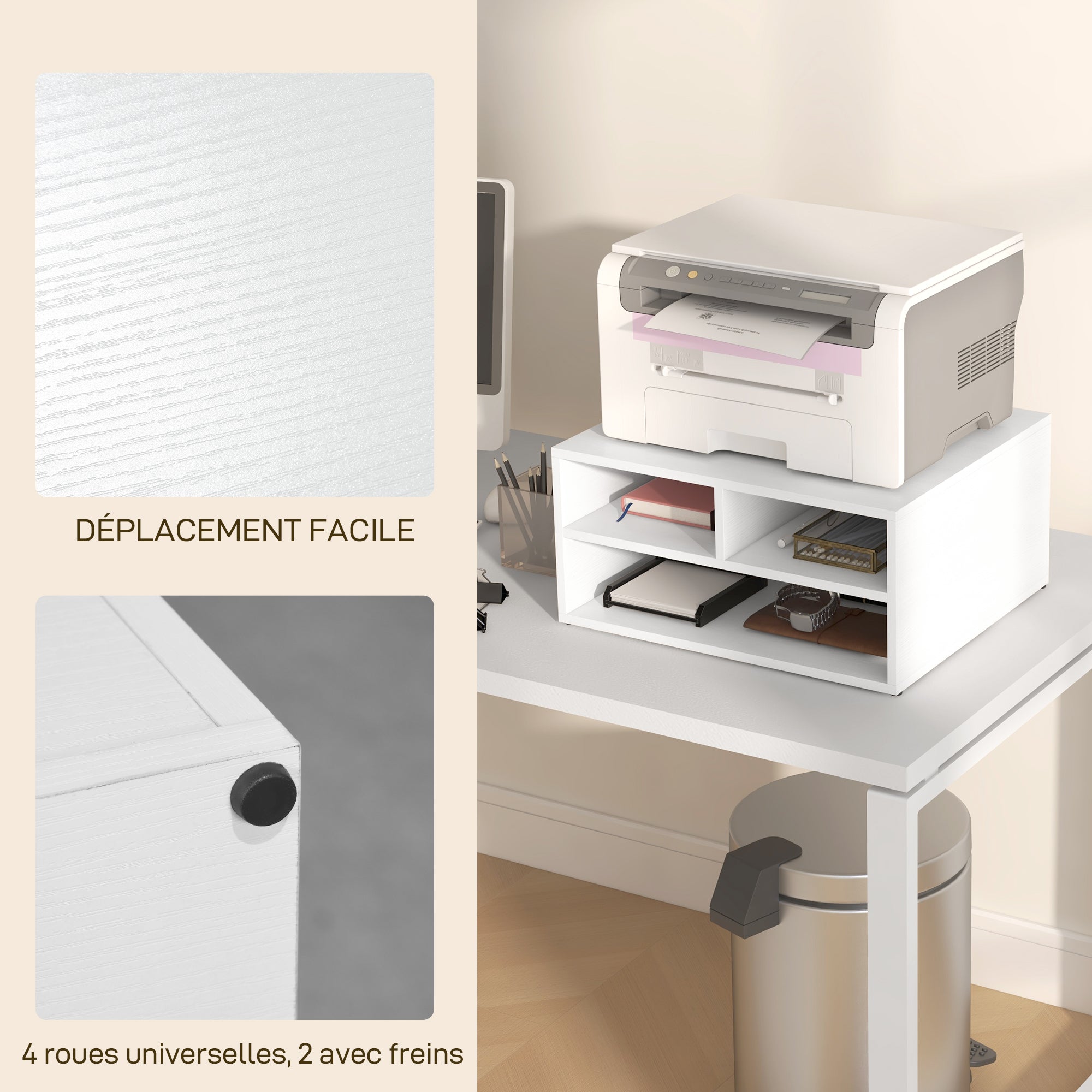 White Desk Organizer with 3 Compartments Printer Stand 47 x 40 x 22.5 cm