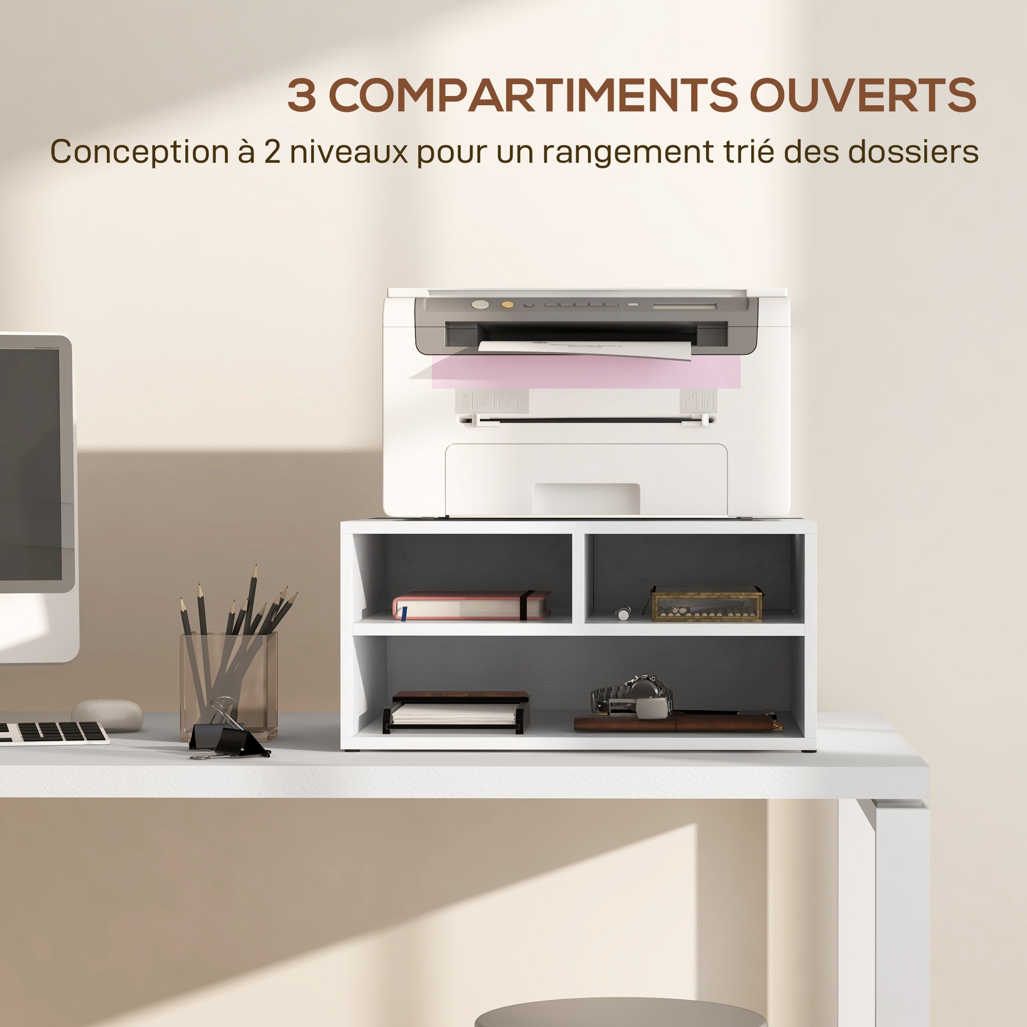 White Desk Organizer with 3 Compartments Printer Stand 47 x 40 x 22.5 cm