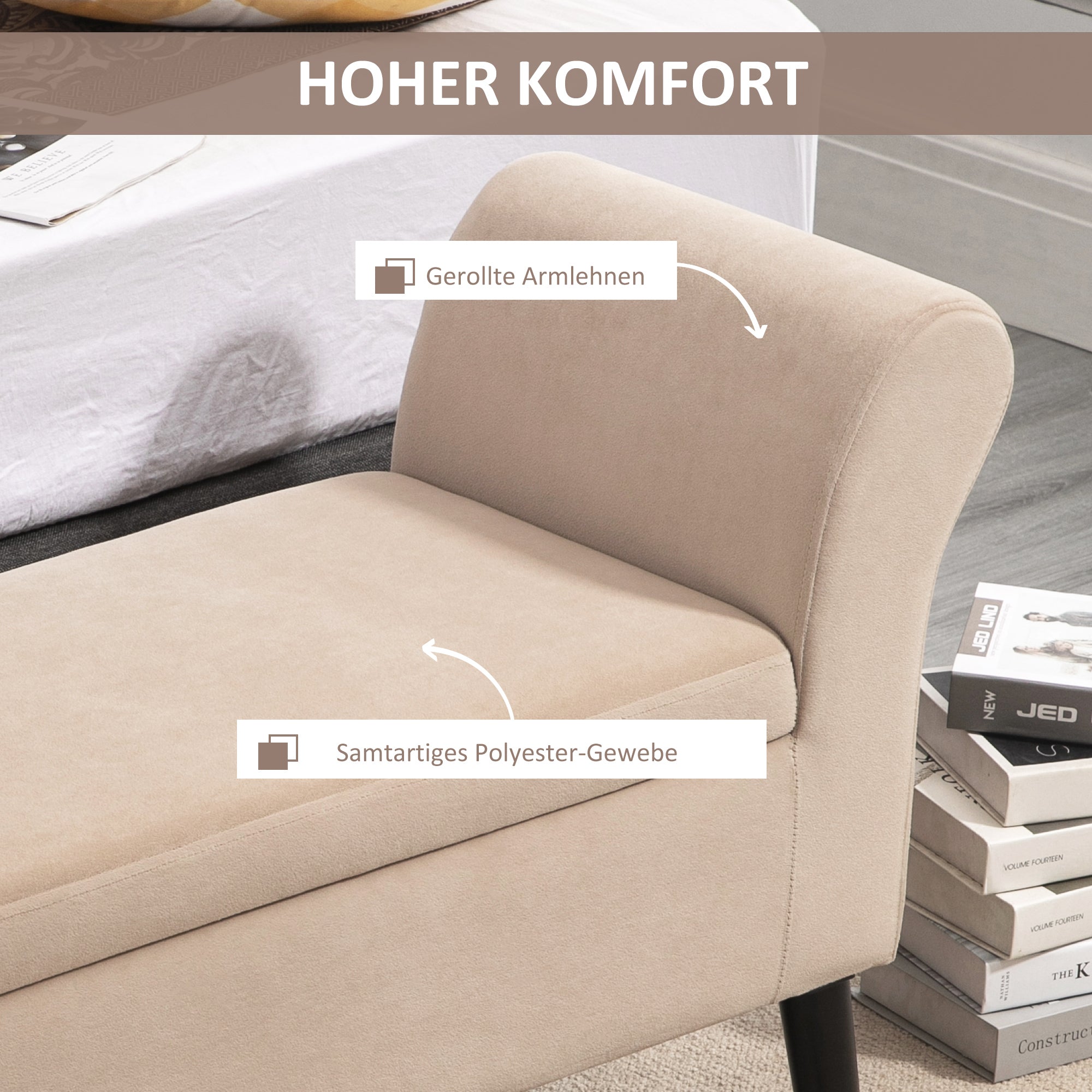 Upholstered Bench with Storage Bed Bench with Armrest for Hallway Bedroom Velvet Polyester 111.5 x 41 x 65 cm Beige